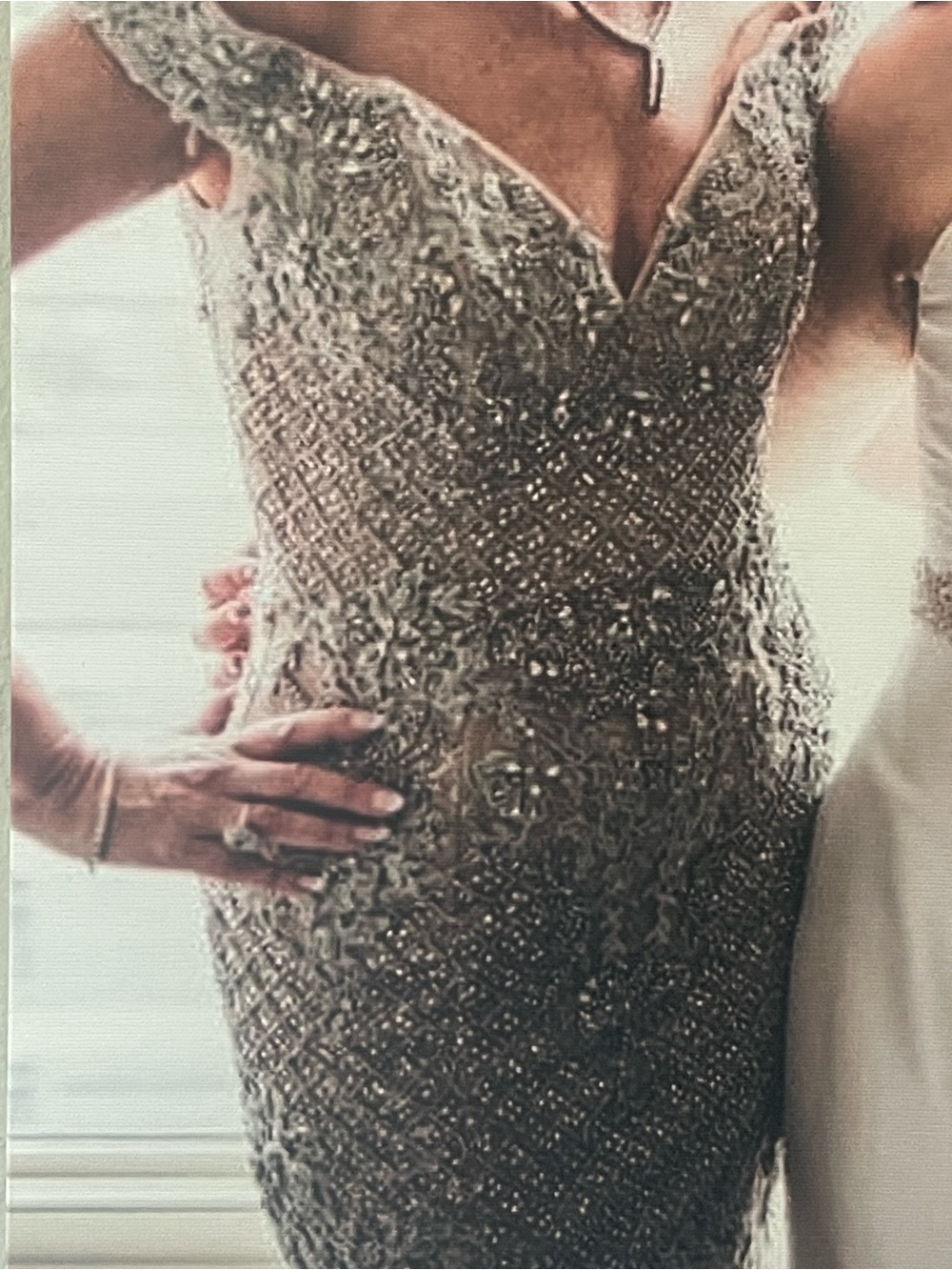 Worn 1x, never altered size 6, Pewter/ Silver embellished V-Neck Beaded Evening